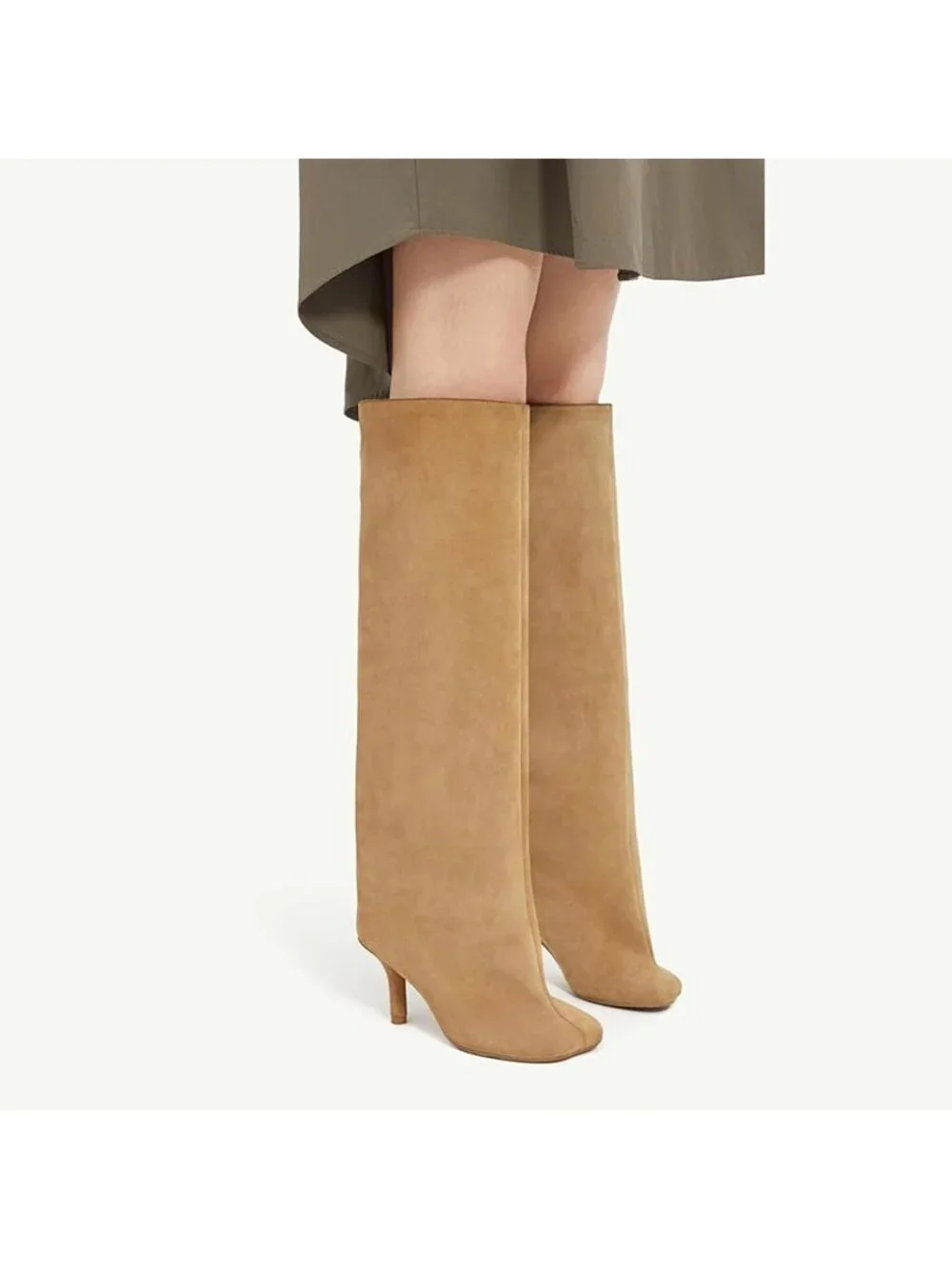 Women's Nude Faux Suede Square Knee High Toe Stiletto Heel Wide Calf Tall Boots - Picture 3 of 5